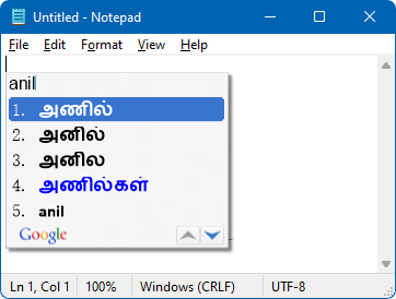 Okno poznámkového bloku se slovem anil napsaným v latince a seznamem navrhovaných slov v tamilském písmu.