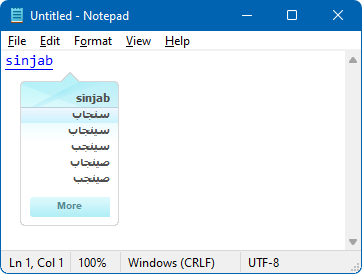 Okno poznámkového bloku se slovem sinjab napsaným v latince a seznamem navrhovaných slov v arabském písmu.